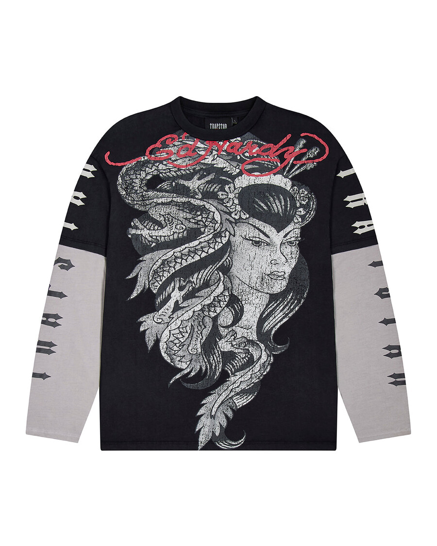 maglietta a maniche lunghe trapstar x ed hardy medusa - nerobianco